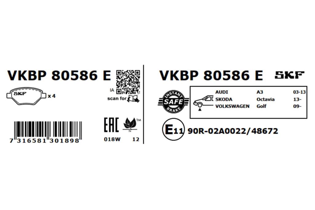 Jeu de 4 plaquettes de frein SKF ref. VKBP 80586 E